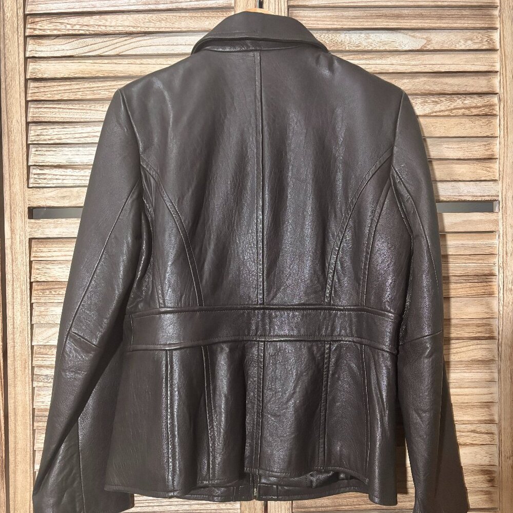 Anne Klein Chocolate Brown Leather Jacket Fitted Zip-Up Size Medium - Picture 2 of 8